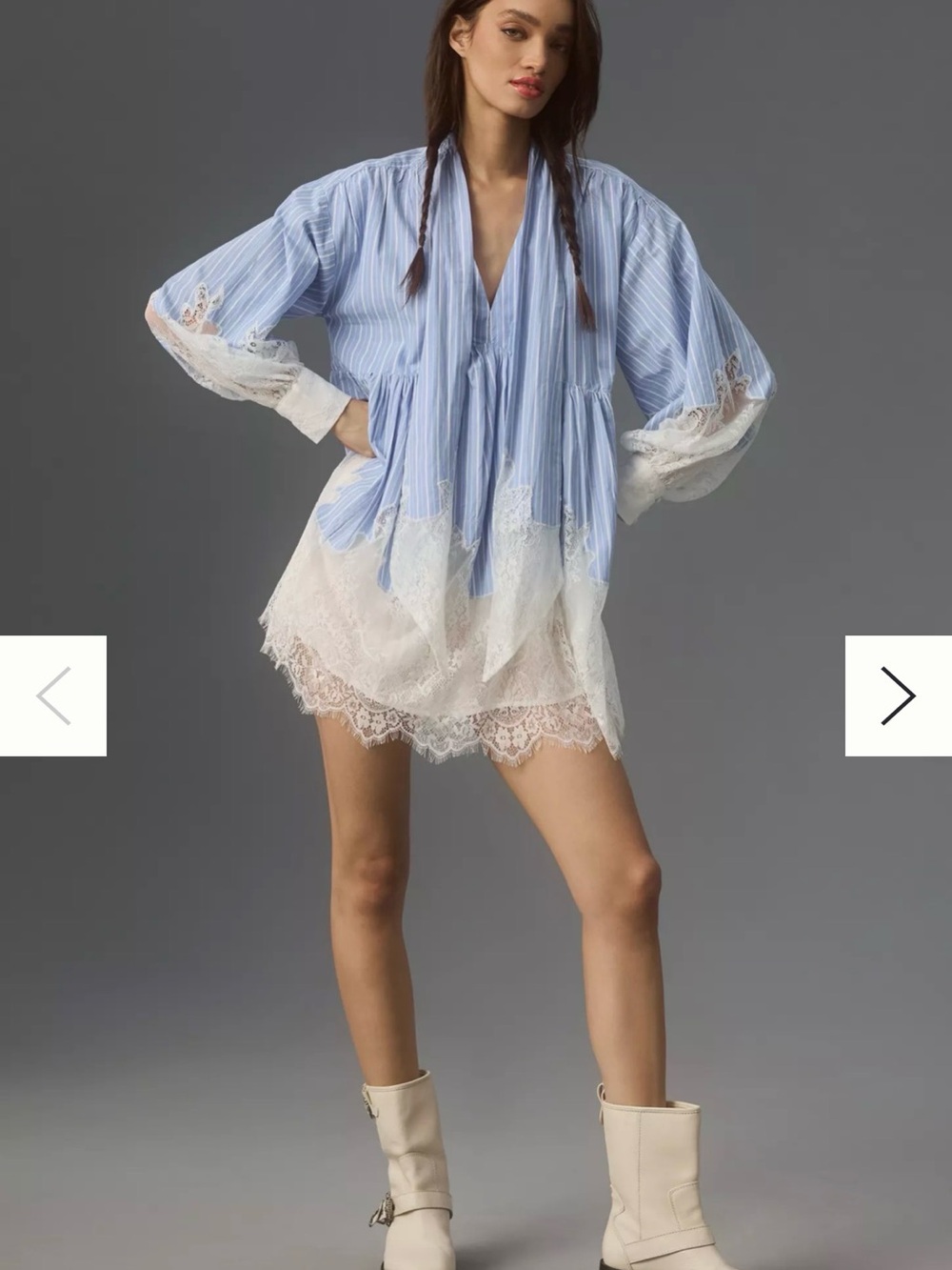 Maeve Blue Pinstripe & White Lace Mini Dress